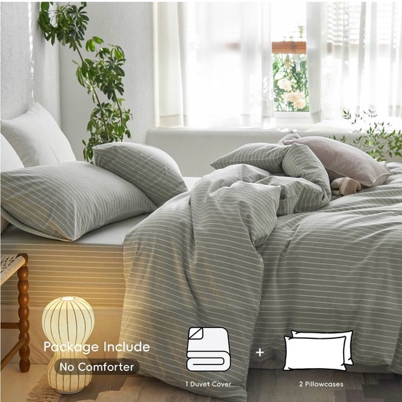 MooMee Striped Duvet Cover Set 100% Washed Cotton - King - Picture 2 of 5